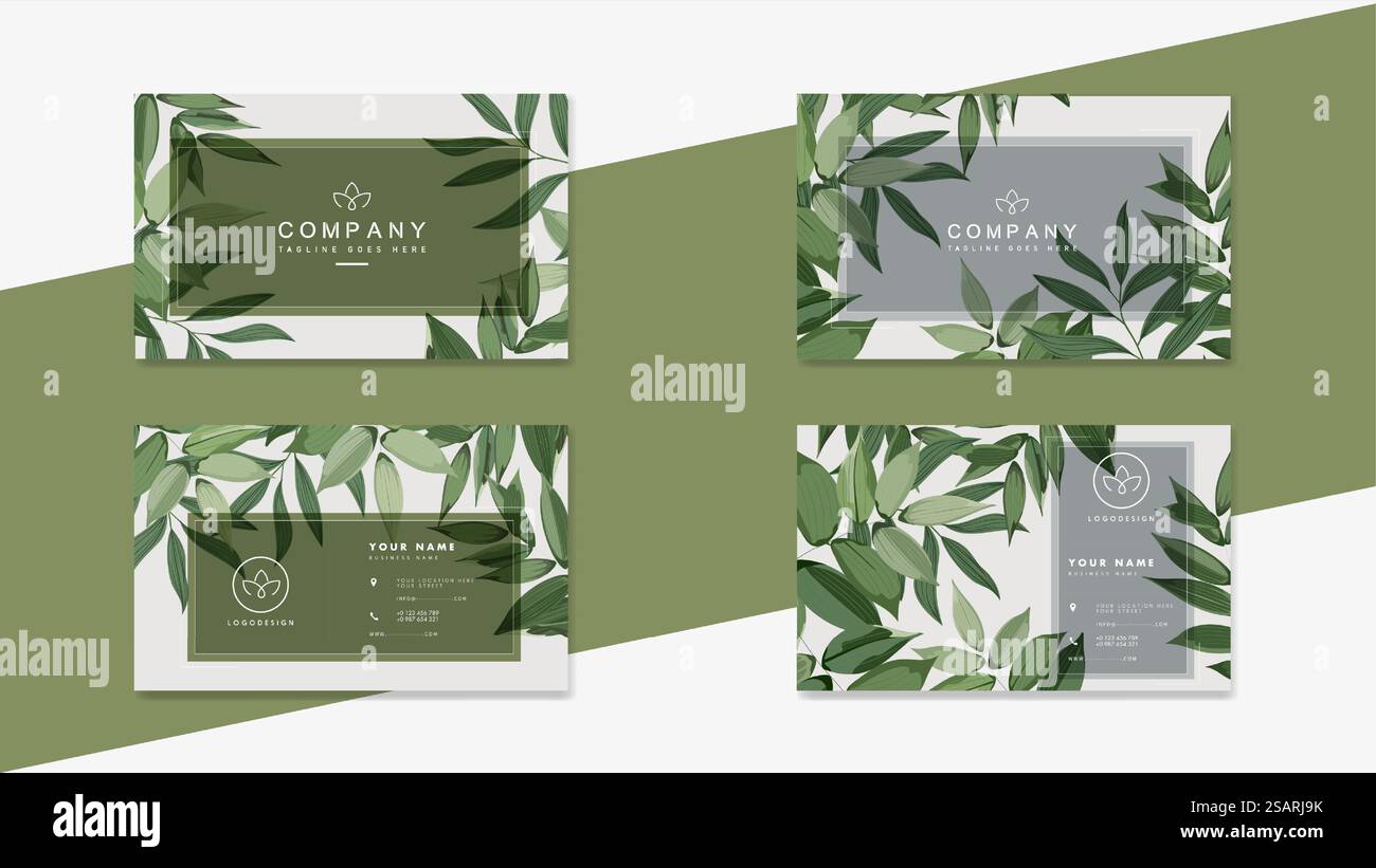 Biglietto da visita con foglie verdi. Modello di progettazione per logo bio biologico aziendale, prodotti naturali ed ecologici, cosmetici, farmacia, medicina. Vector Leaves EPS10 Illustrazione Vettoriale