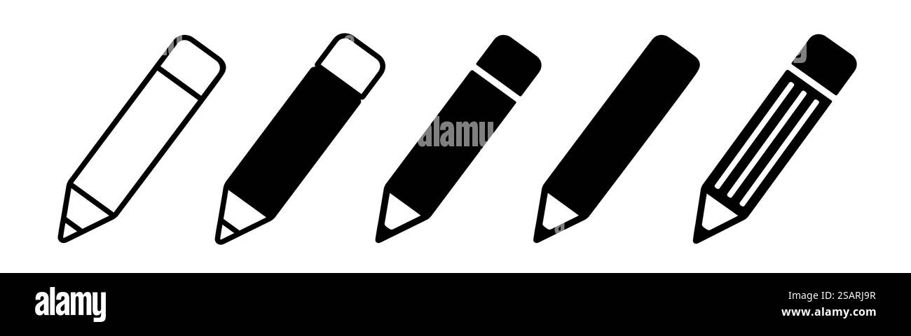 Set di icone a matita. Raccolta dei simboli delle penne. Modificare le icone in stile piatto. Illustrazione vettoriale Illustrazione Vettoriale