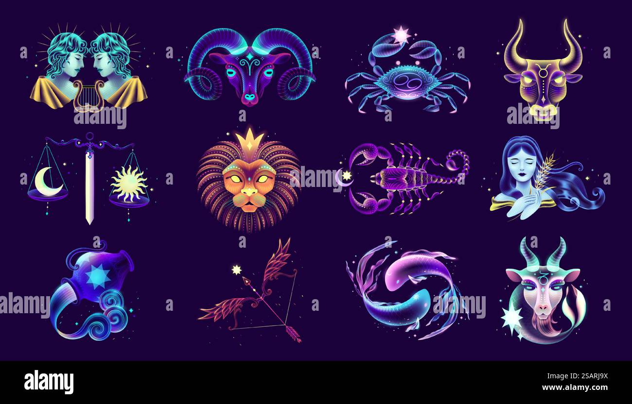 12 segni zodiacali al neon. Set di coloratissimi segni astrologici al neon, tra cui Ariete, Toro, Gemini, cancro, Leone, virus, bilancia, Scorpione, Sagittario, Capricorno, Aquarius, e pesci... Raccolta di dodici segni zodiacali al neon Illustrazione Vettoriale 12 segni zodiacali al neon. Set di coloratissimi segni astrologici al neon, tra cui Ariete, Toro, Gemini, cancro, Leone, virus, bilancia, Scorpione, Sagittario, Capricorno, Aquarius, e pesci... Raccolta di dodici segni zodiacali al neon Illustrazione Vettoriale