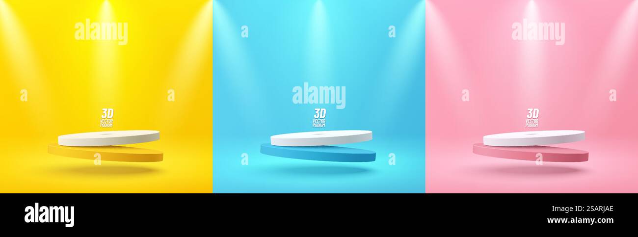 Set di podio con piedistallo per cilindri 3d giallo, blu, rosa e bianco che galleggia sull'aria con faretti. Forma geometrica di rendering vettoriale astratto. Scena minimalista. Vetrina scenica, esposizione dei prodotti Mockup Illustrazione Vettoriale