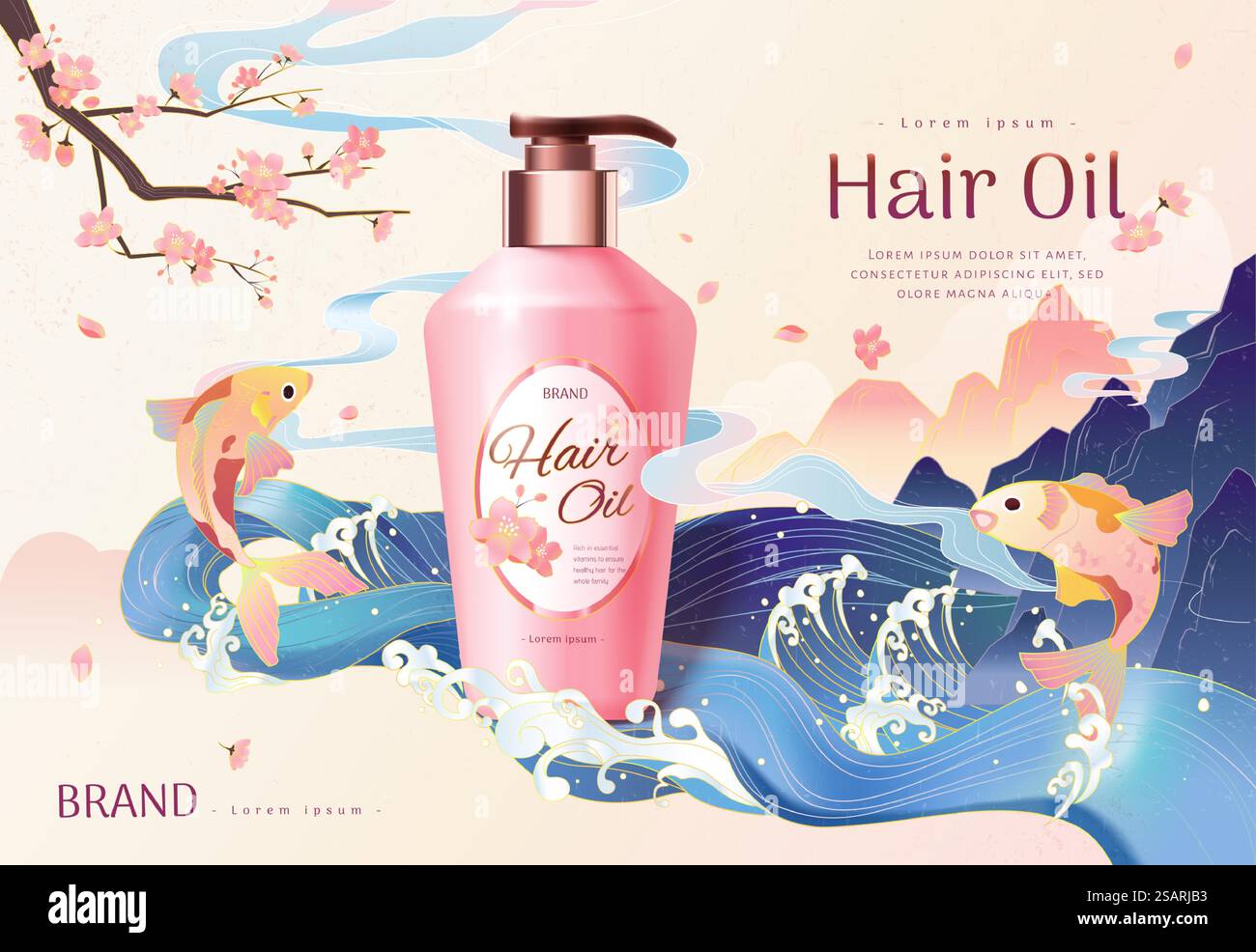 Modello pubblicitario per prodotti per la cura dei capelli in stile orientale romantico. modello di dispenser in plastica 3d con disegni vintage di pesci koi che saltano sopra il fiume ondulato e il paesaggio montano. Annuncio prodotto per la cura dei capelli in stile asiatico Illustrazione Vettoriale