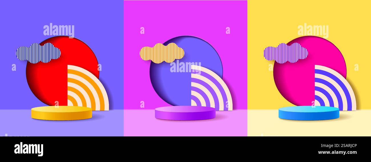 Set di cornice rotonda 3D sullo sfondo. Podio circolare astratto per la visualizzazione del prodotto o lo spazio di copia. Raccolta di sfondo geometrico. Illustrazione vettoriale. Illustrazione Vettoriale