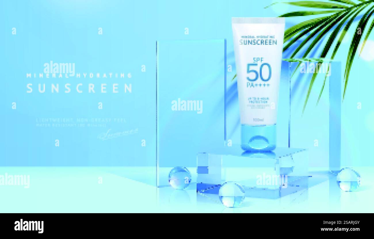set di tubi per crema solare 3d su podio in vetro, decorato con sfere di cristallo, cuboide e foglie di palma. Modello pubblicitario adatto per prodotti cosmetici estivi. podio in vetro 3d per prodotti di bellezza Illustrazione Vettoriale