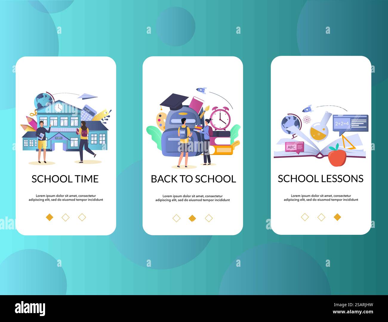 Schermate di inserimento dell'app mobile scolastica. Modello vettoriale banner menu per lo sviluppo di siti Web e applicazioni. Ritorno a scuola, concetto educativo. Modello vettoriale delle schermate di onboarding dell'app mobile scolastica Illustrazione Vettoriale