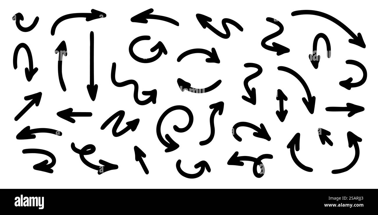 Set vettore freccia in stile disegnato a mano isolato su sfondo bianco. Segnali di direzione Illustrazione Vettoriale