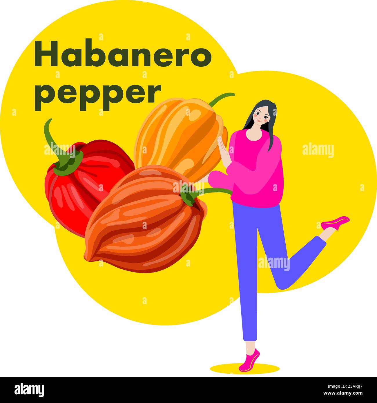 Una donna tiene i peperoncini Habanero. Peperoni cileni. Illustrazione vettoriale isolata. Illustrazione Vettoriale