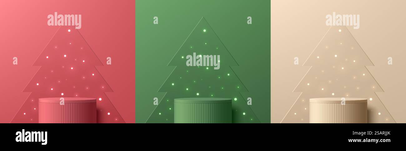 Set di sfondo natalizio 3D con podio realistico per cilindri rosso, crema e verde. Lampadina al neon sull'albero di natale. Display del prodotto per il modello vettoriale. Scenografia murale minima astratta. Vetrina sul palcoscenico. Illustrazione Vettoriale