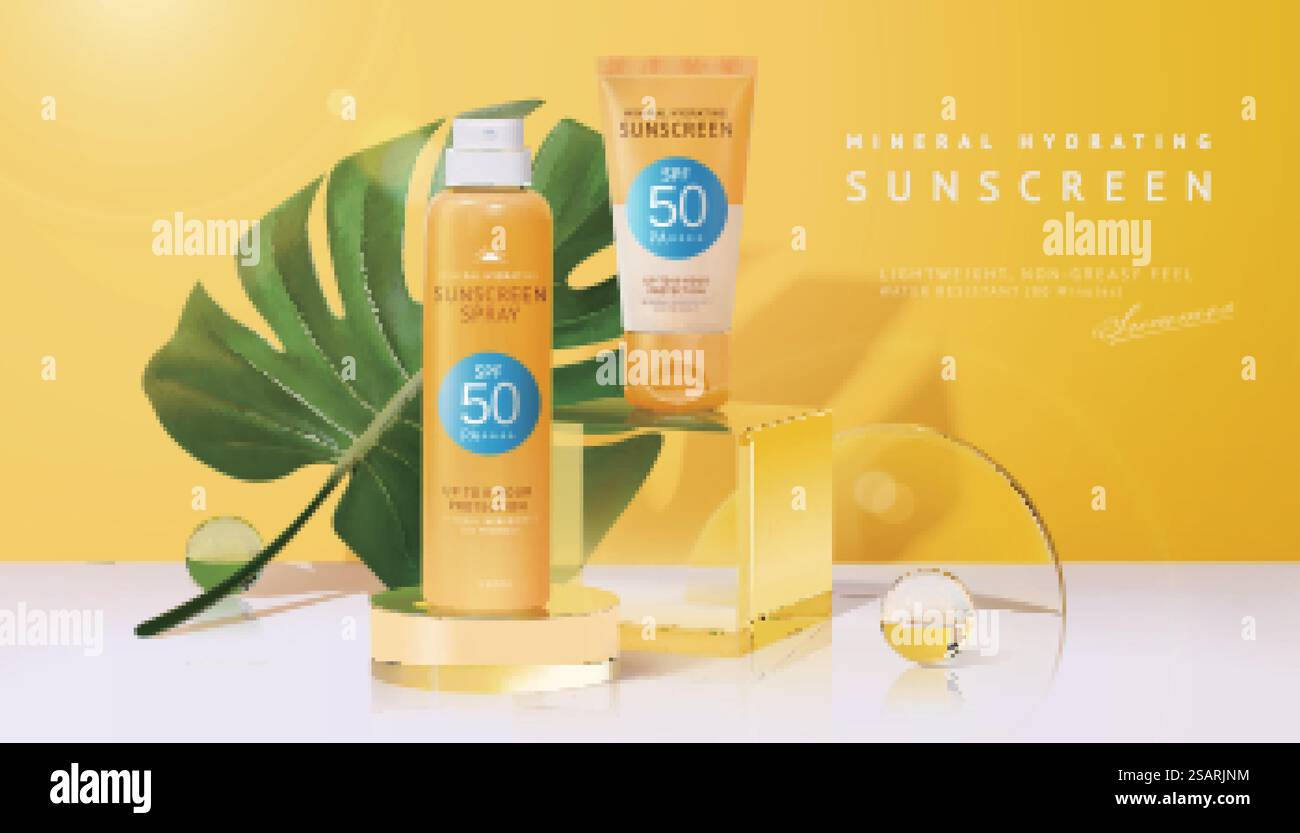 mock-up di crema solare 3d su podio in vetro, decorato con foglie tropicali, sfere di cristallo e piatti rotondi. Splendido design scenografico adatto a tutti i prodotti estivi. podio in vetro giallo 3d per prodotti Illustrazione Vettoriale