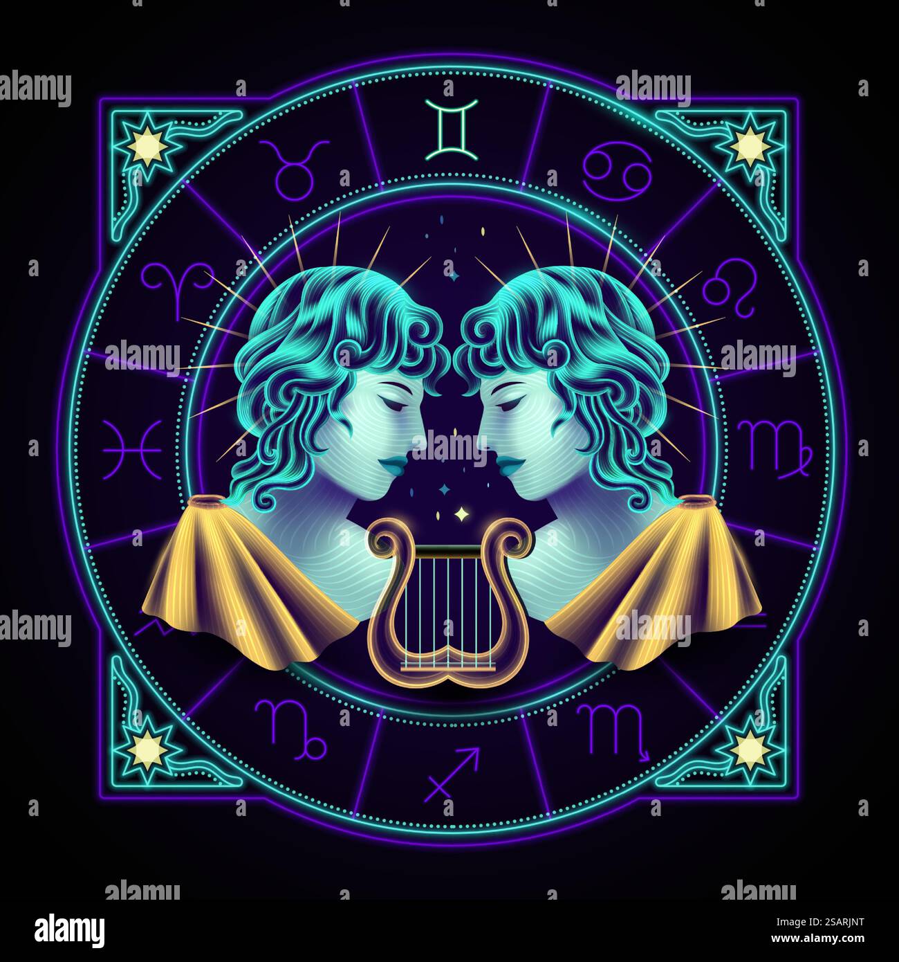 Segno zodiacale Gemini rappresentato da due giovani maschi. Simbolo dell'oroscopo al neon in cerchio con altri segni astrologici intorno. Segno zodiacale al neon di Gemini Illustrazione Vettoriale