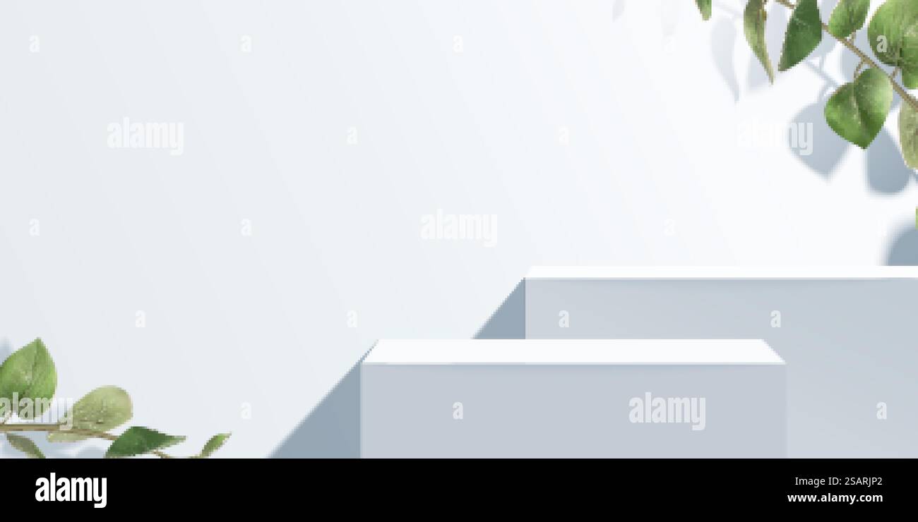 Podio 3D con foglie su sfondo bianco studio. illustrazione 3d del display del prodotto. Fase di esposizione del prodotto Illustrazione Vettoriale