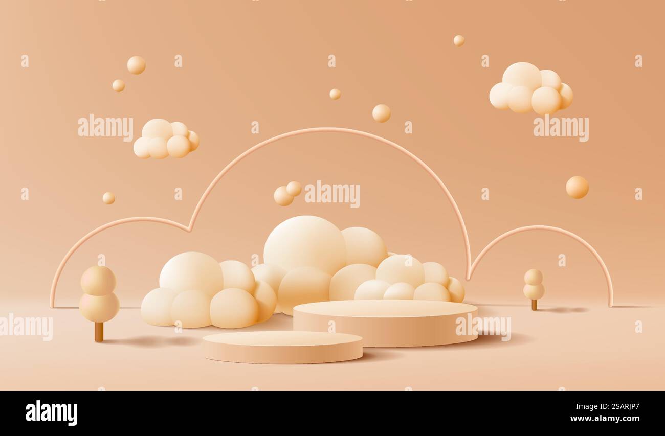 podio 3d su sfondo pastello forme geometriche astratte con grazioso arcobaleno, esposizione di prodotti per bambini Illustrazione Vettoriale