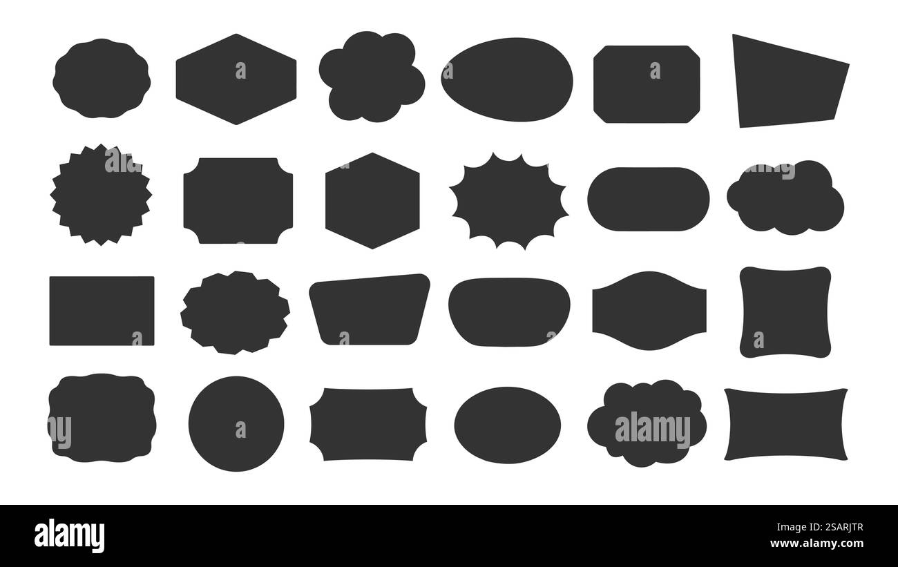 Set di icone sagomate geometriche nere astratte. Modelli di cornice vuoti di contorno, bolle vocali, badge, tag dei prezzi, adesivi, pensa al cloud Illustrazione Vettoriale