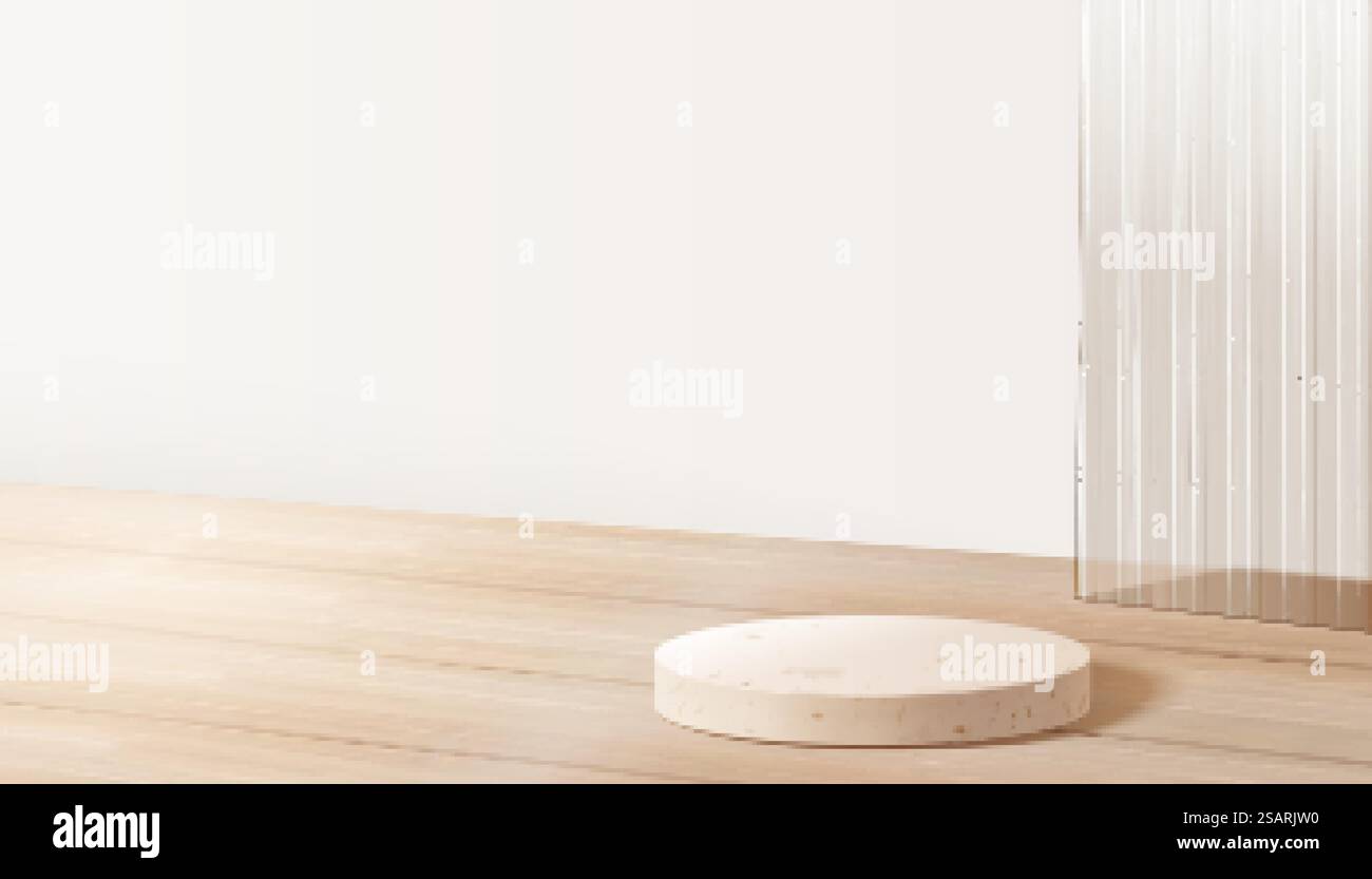 Espositore di prodotti in marmo bianco su un piano di appoggio in legno con parete in vetro ondulato sullo sfondo. Design di scenografie interne nordiche 3D... Display a podio in stile nordico Illustrazione Vettoriale