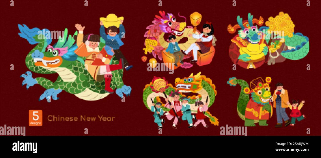 Illustrazioni di personaggi e draghi CNY Illustrazione Vettoriale