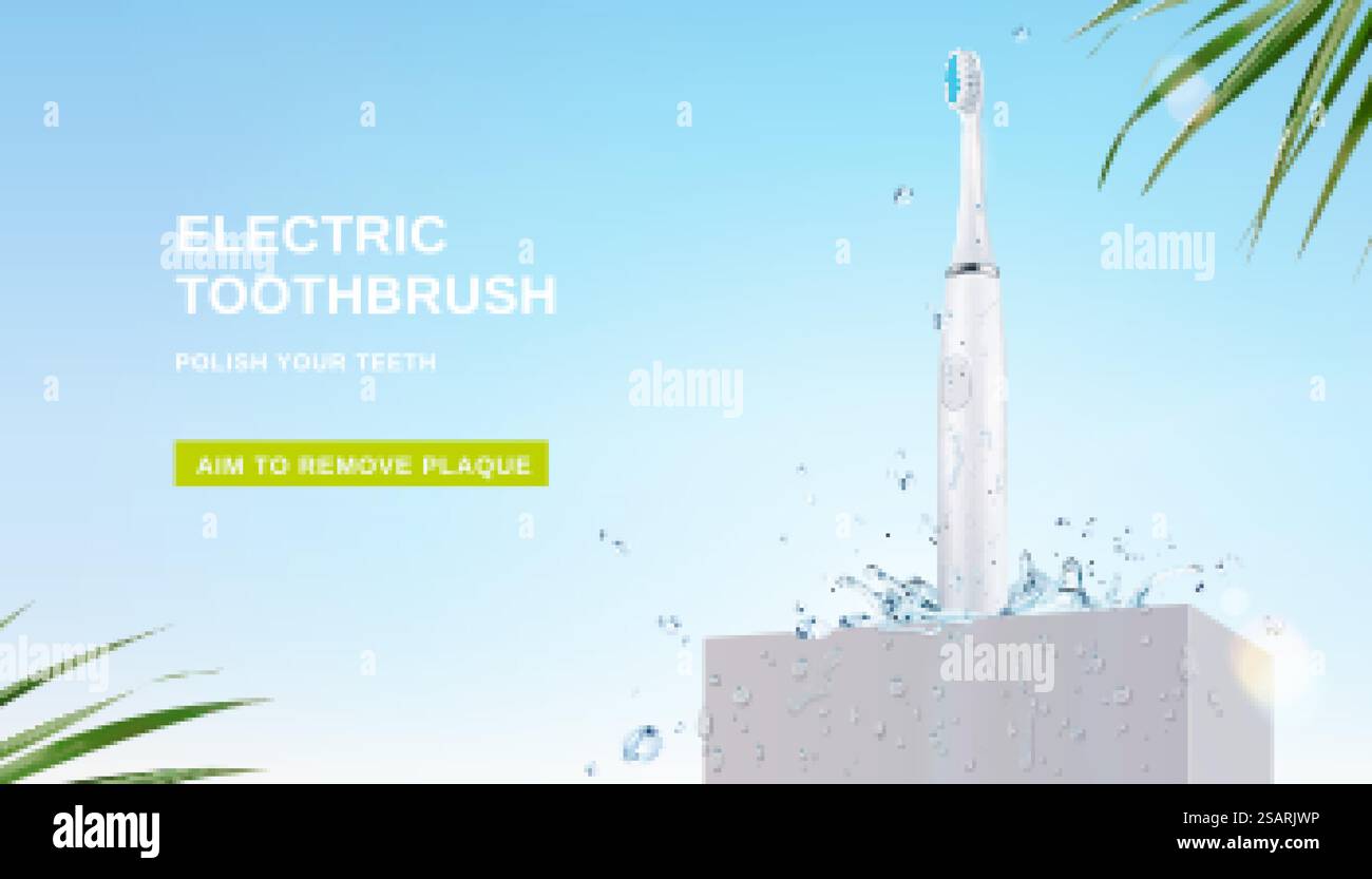 Spazzolino elettrico su un podio di cemento con spruzzi d'acqua. sfondo minimo 3d con foglie di palmo e cielo blu. Banner pubblicitario per spazzolino elettrico Illustrazione Vettoriale