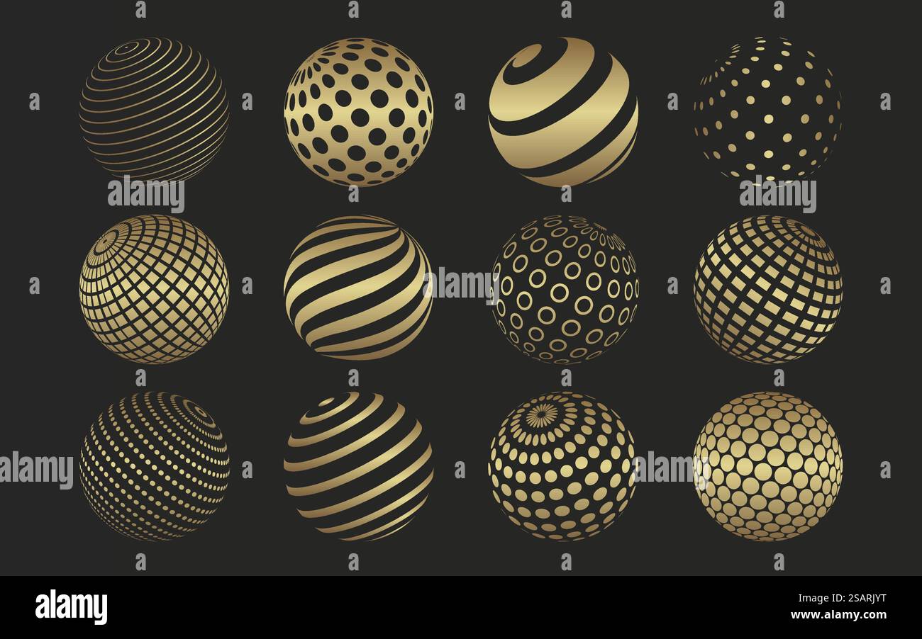 Palline dorate con motivo geometrico. Semplici cerchi piatti con effetto testurizzato. Collezione di elementi decorativi rotondi. Icone vettoriali isolate Illustrazione Vettoriale