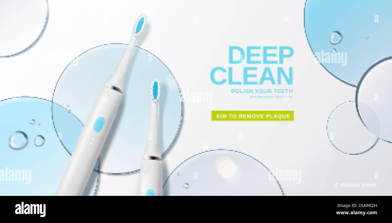 modello di annuncio per spazzolino elettrico 3d. Vista dall'alto degli spazzolini realistici con dischi di vetro blu e gocce d'acqua sul tavolo bianco. Annuncio promozionale spazzolino elettrico Illustrazione Vettoriale