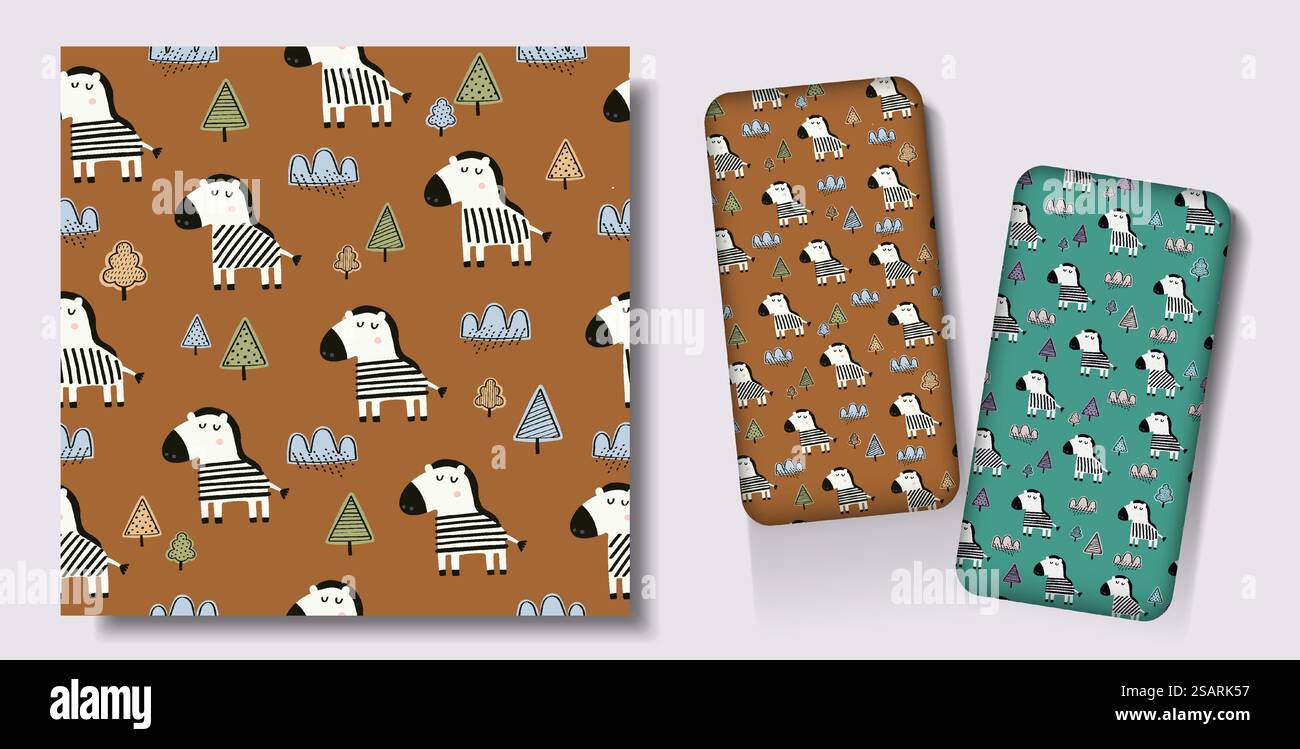 Simpatici motivi animali senza cuciture, disegnati a mano per tessuti, tessuti, stampe, copertine, biglietti, sfondo e carta da parati decorativa Illustrazione Vettoriale