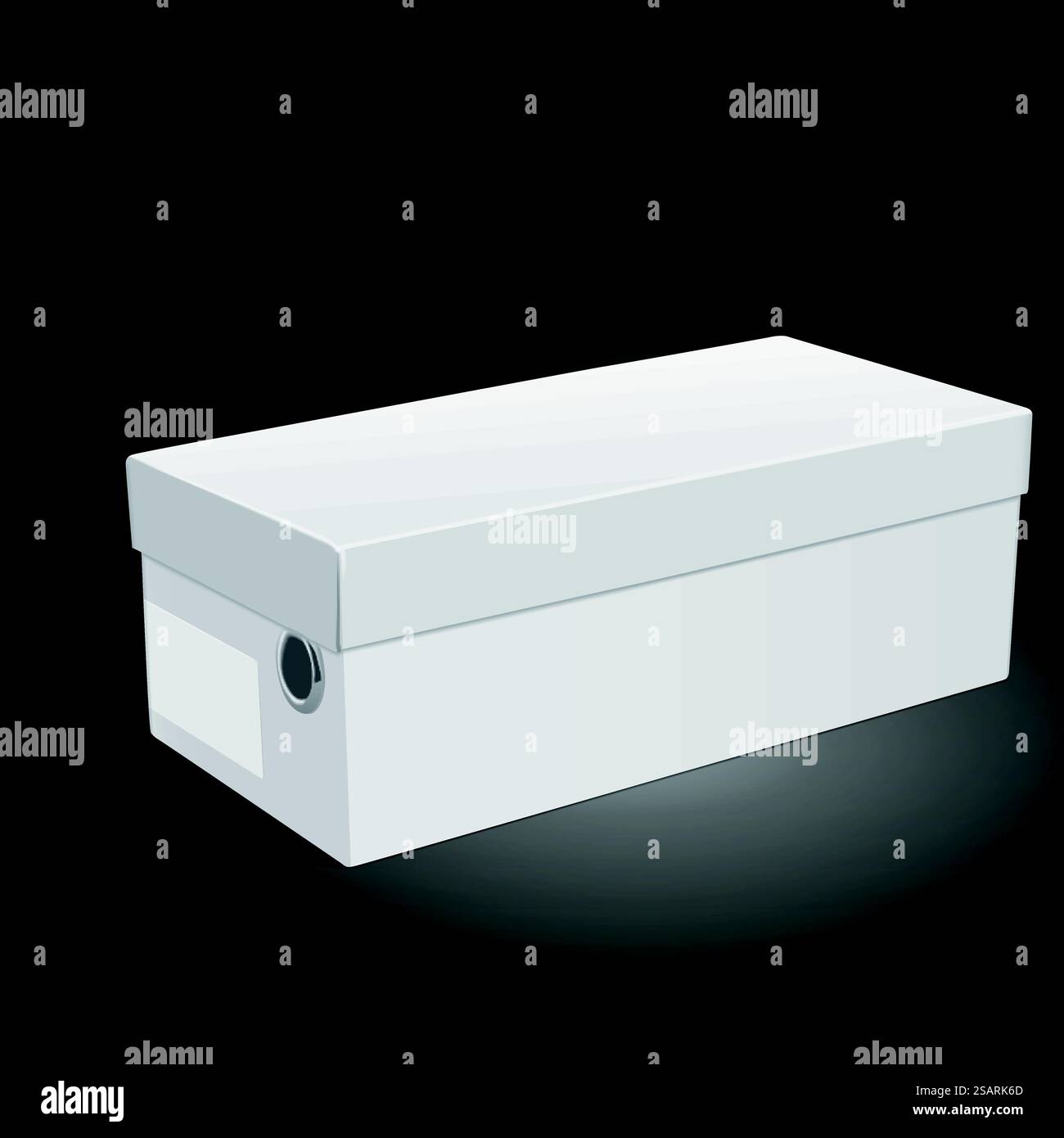 scatola per scarpe vuota con etichetta isolata su sfondo nero. Illustrazione 3D... scatola di scarpe vuota Illustrazione Vettoriale