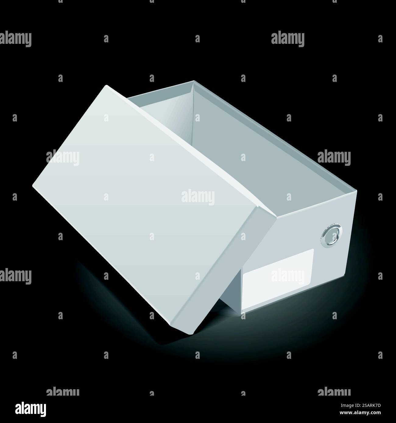 scatola per scarpe aperta vuota con etichetta isolata su sfondo nero. Illustrazione 3D... scatola di scarpe vuota Illustrazione Vettoriale