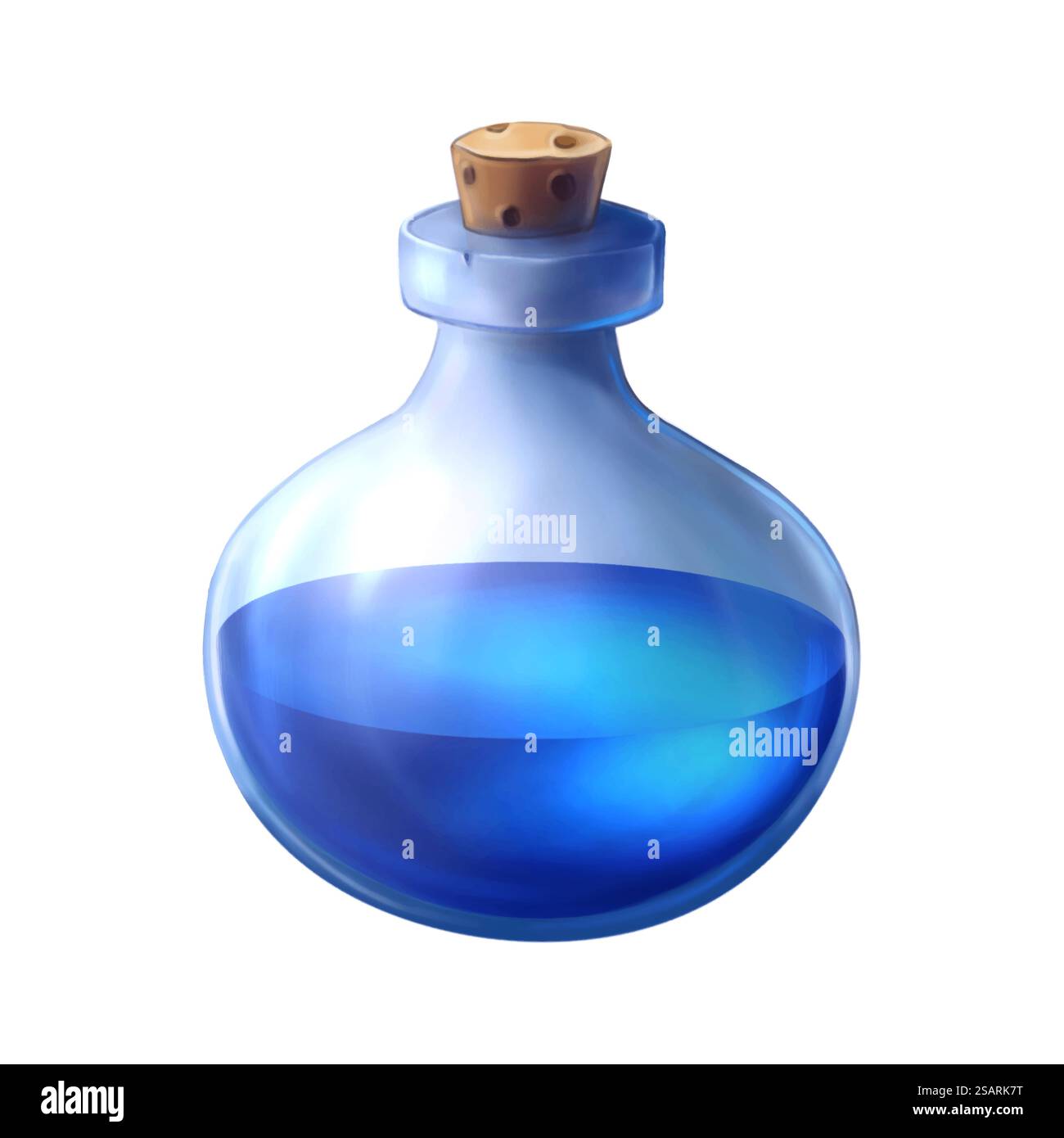 Flacone trasparente in vetro con acqua blu. Icona del gioco dei cartoni animati della bottiglia magica. Simbolo chimica. Tracciamento vettoriale isolato su sfondo bianco EPS10 Illustrazione Vettoriale