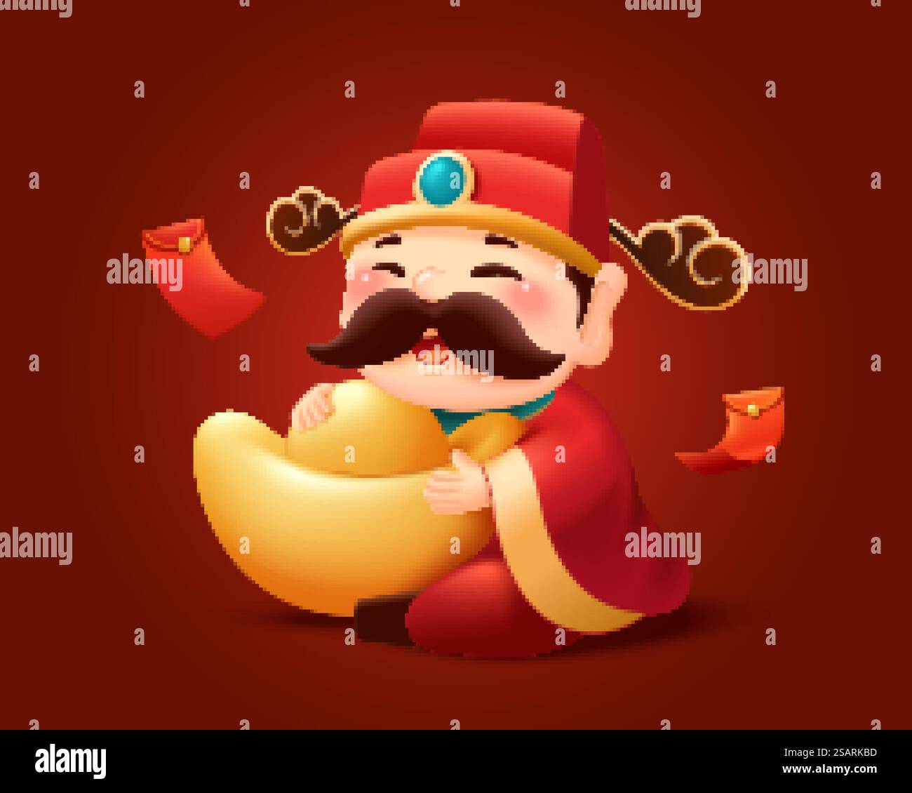 Elemento carattere Capodanno cinese isolato su sfondo rosso. dio cinese della ricchezza che tiene un enorme lingotto d'oro o sycee.. CNY dio della ricchezza carattere Illustrazione Vettoriale