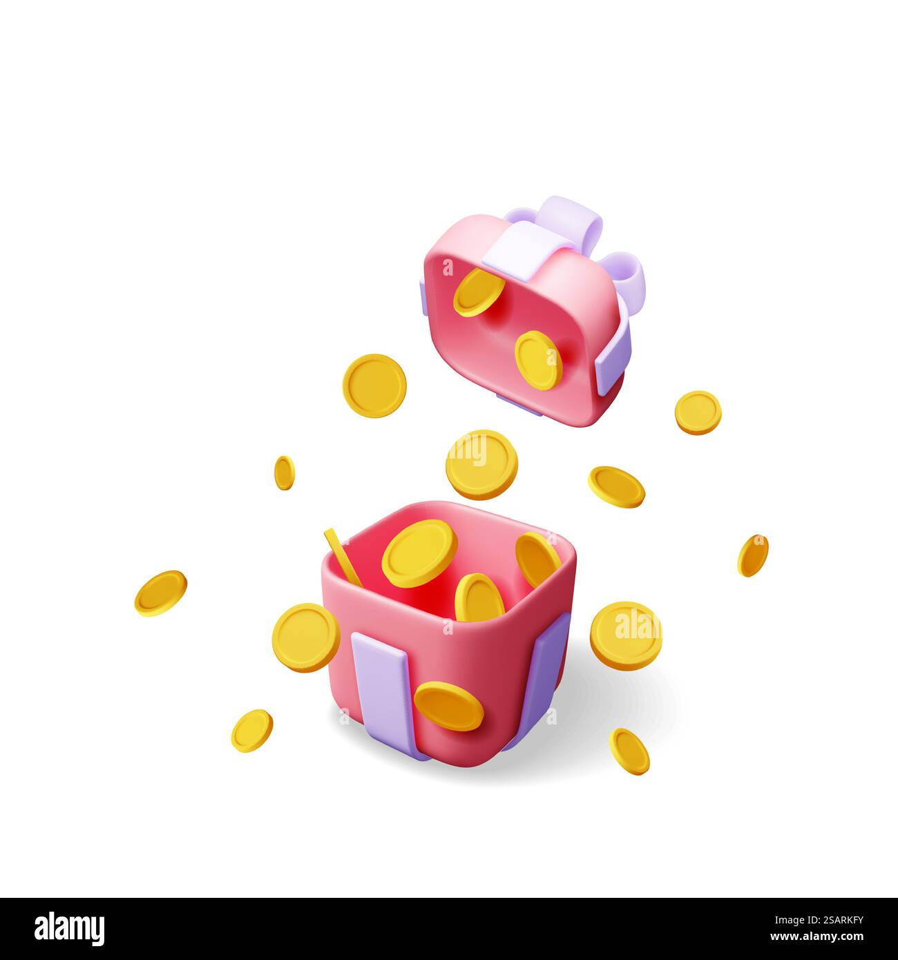 Confezione regalo aperta 3D piena di monete d'oro isolate. Rendi denaro Giftbox e Golden Coins. Concetto di programma fedeltà, bonus casinò o giochi online. Premio in denaro. Illustrazione vettoriale. Confezione regalo aperta 3D piena di monete d'oro Illustrazione Vettoriale