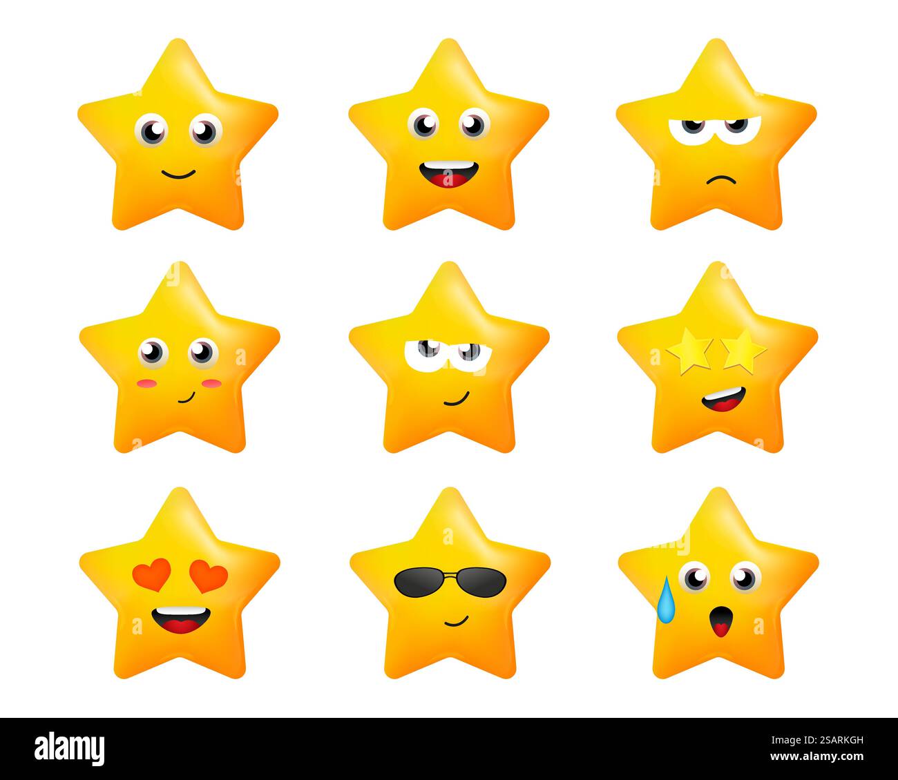 Stelle dei cartoni animati con emozioni. Set di adesivi con volti per giochi per bambini. Simpatici personaggi, illustrazione vettoriale Illustrazione Vettoriale