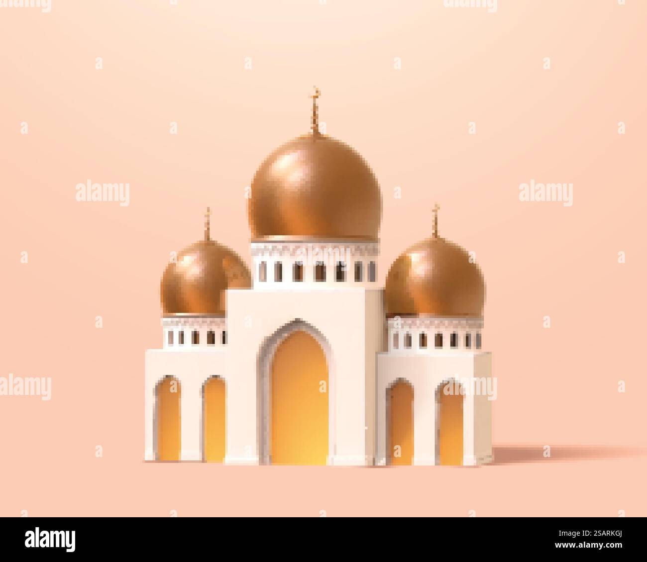 Mini moschea o palazzo in design a cartoni animati 3d. Elemento architettonico isolato su sfondo rosa albicocca. mini moschea o palazzo 3d. Illustrazione Vettoriale