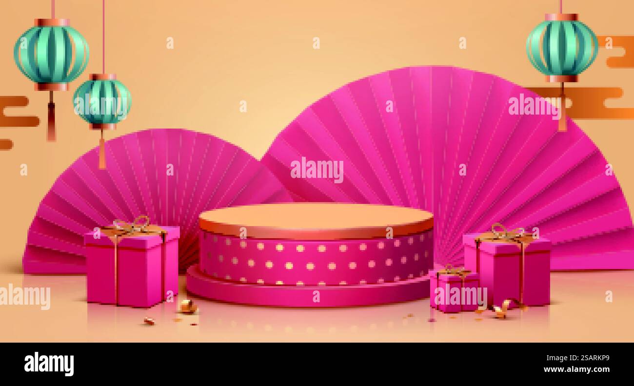 Scenografia a podio a tema natalizio asiatico retrò 3d con palco rotondo. Scena di podio a tema natalizio in 3d. Illustrazione Vettoriale