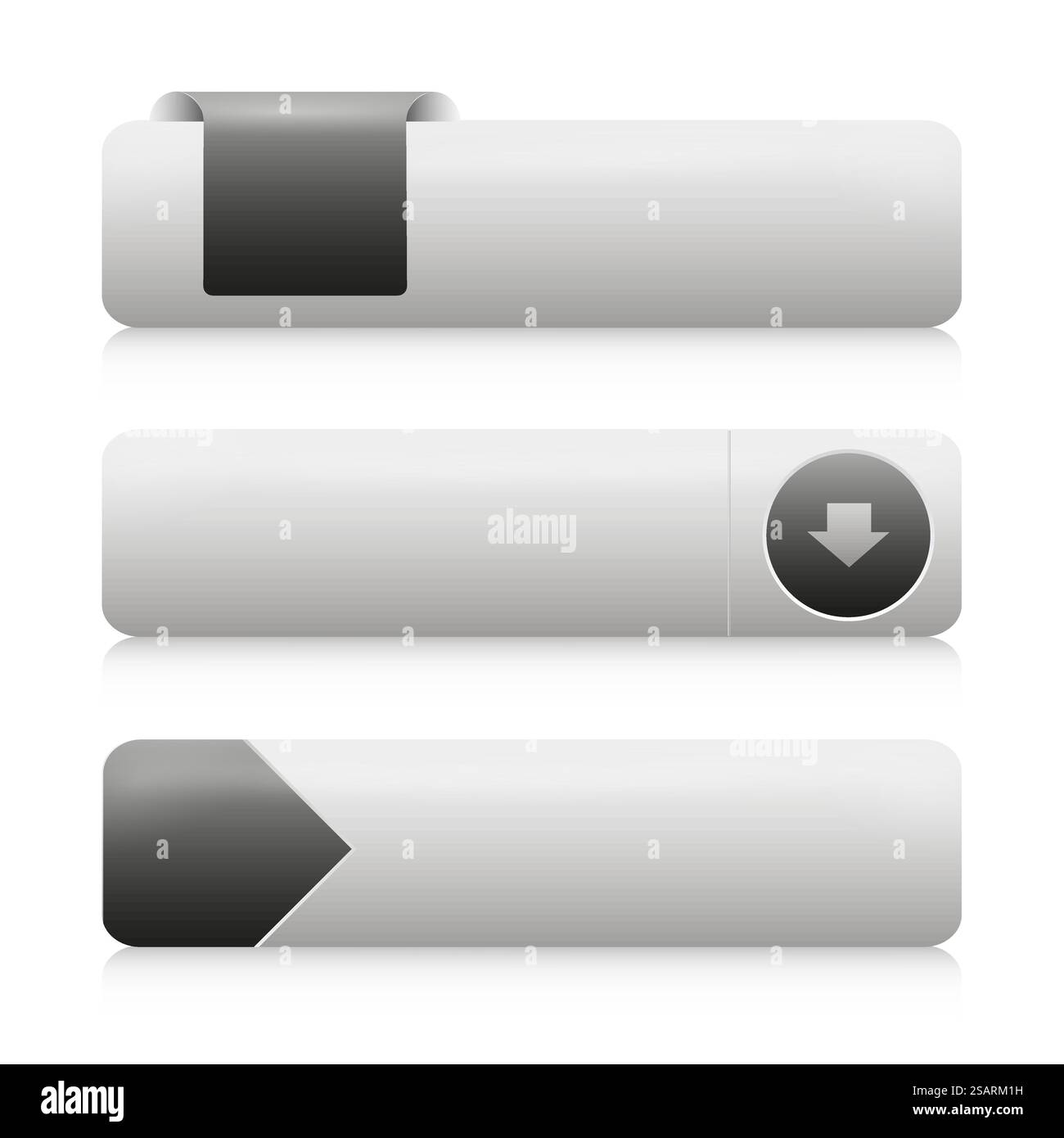 Pulsanti vettoriali bianchi vuoti con elementi di design neri per siti Web, menu per dispositivi mobili, navigazione e app. Semplici componenti dell'interfaccia utente isolati Illustrazione Vettoriale