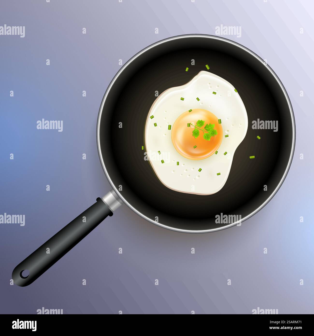 Immagine realistica del vettore di uova fritte isolata. Vista dall'alto dettagliata dell'uovo di pollo in 3d nella padella con prezzemolo e spezie. Fast food. Ora della colazione. Omelette cotte. Uova strapazzate. EPS10 vettoriale Illustrazione Vettoriale
