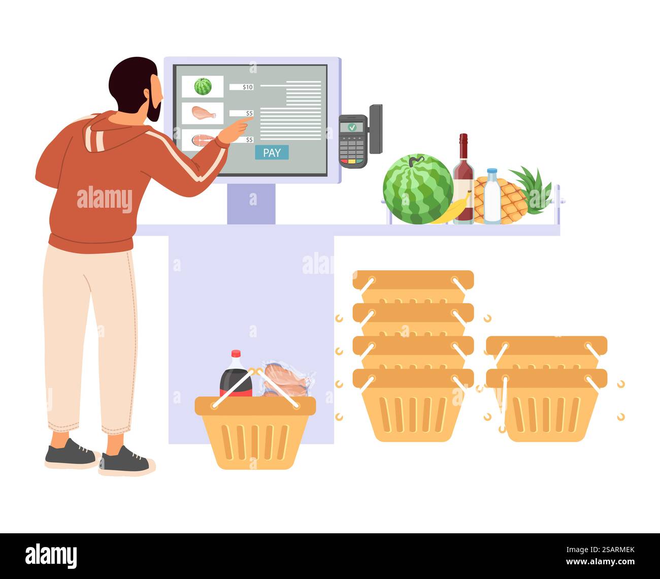 Uomo che utilizza un'illustrazione vettoriale di storage del chiosco del negozio self-service senza contatto isolata su sfondo bianco. Negozio di alimentari interattivo tramite distributore automatico o terminale. Uomo che utilizza un chiosco self-service senza contatto Illustrazione Vettoriale