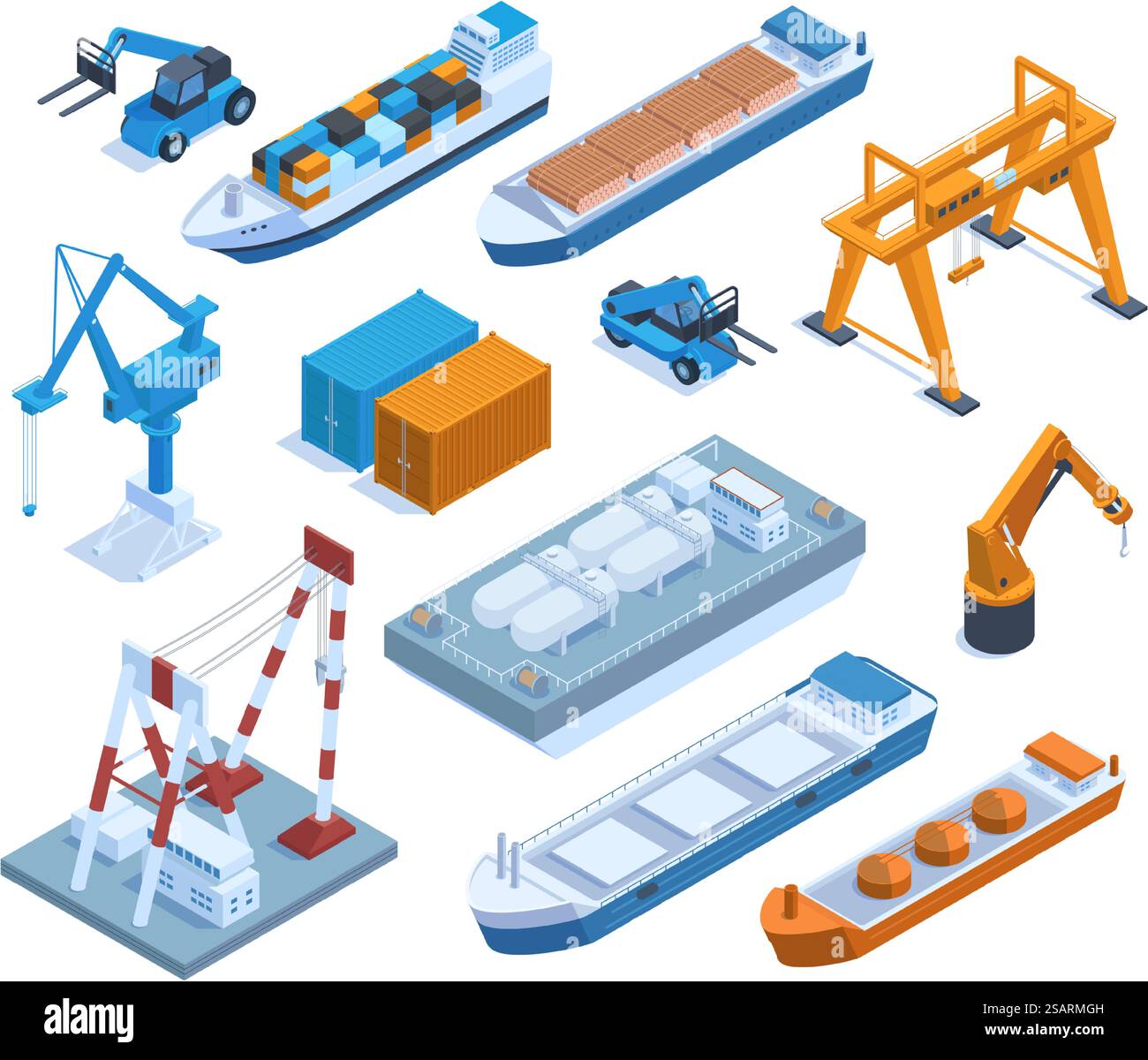 Porto marittimo isometrico, navi da carico, chiatte e container. Navi portuali marittime, gru contenitori di spedizione set di illustrazioni vettoriali. Trasporto d'acqua e logistica. Container portuale e carico isometrici. Elementi isometrici del porto marittimo, navi da carico, chiatte e container. Set di illustrazioni vettoriali per navi portuali, gru e container marittimi. Trasporto d'acqua e logistica Illustrazione Vettoriale