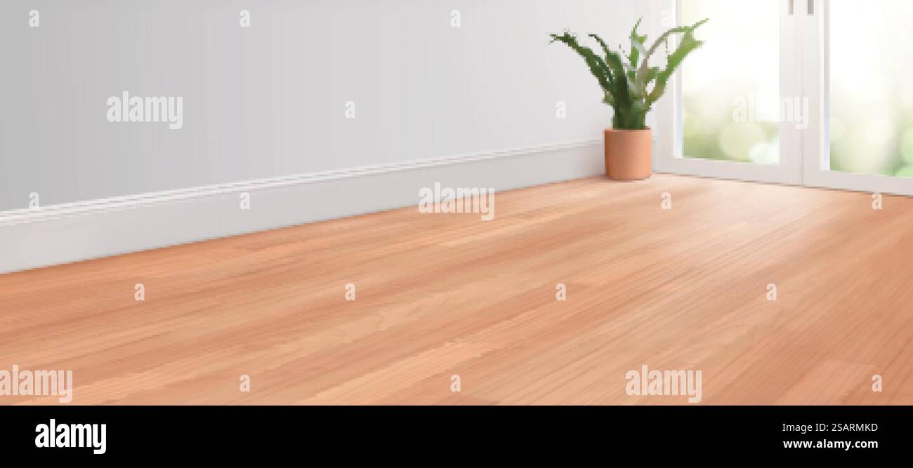 sfondo del salotto sfocato in 3d per i layout degli annunci. Interni bianchi vuoti con pavimento in legno. Soggiorno sfocato con pavimento in legno Illustrazione Vettoriale