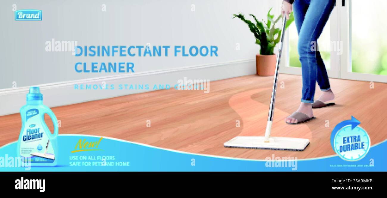 illustrazione in 3d di una donna realistica che pulisce il pavimento con detergente disinfettante e mocio. Layout del poster pubblicitario del detergente per pavimenti. Detergenti disinfettanti per pavimenti Illustrazione Vettoriale