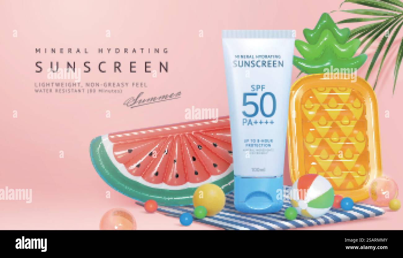 Pubblicità creativa con crema solare a tema picnic sulla spiaggia. illustrazione 3d del set di tubi in plastica sul tappetino con lilos a forma di frutta e palle da spiaggia. Concetto di cura della pelle estiva per i nuotatori. pubblicità 3d con crema solare a tema per picnic sulla spiaggia Illustrazione Vettoriale