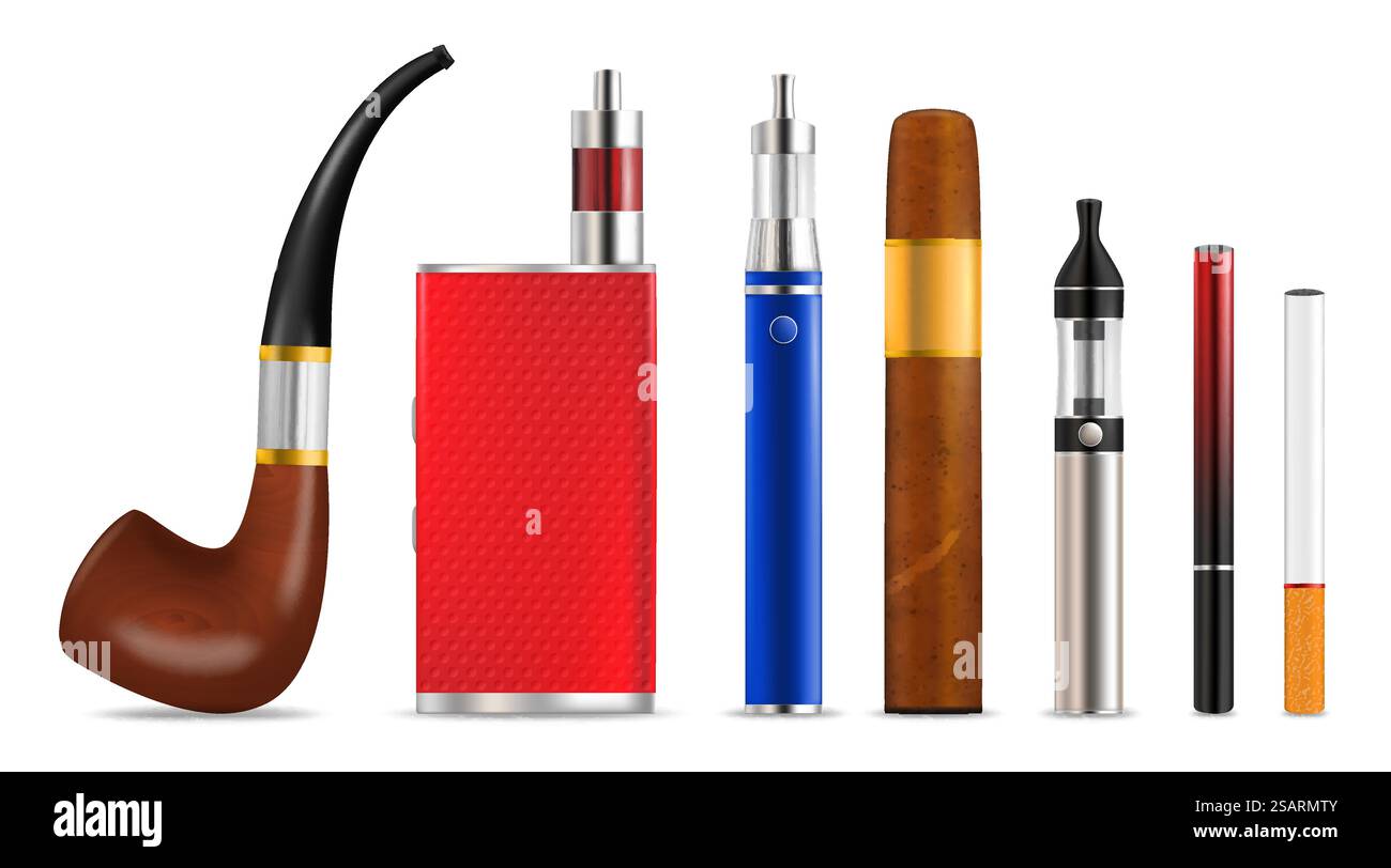svapare sigaretta elettronica Set di icone per fumare e svapare sigaretta, illustrazione vettoriale  isolata su sfondo bianco. Pipa da fumo, vaper, sigaro, sigarette  elettroniche o vapori e sigarette. Set di icone per fumare e svapare