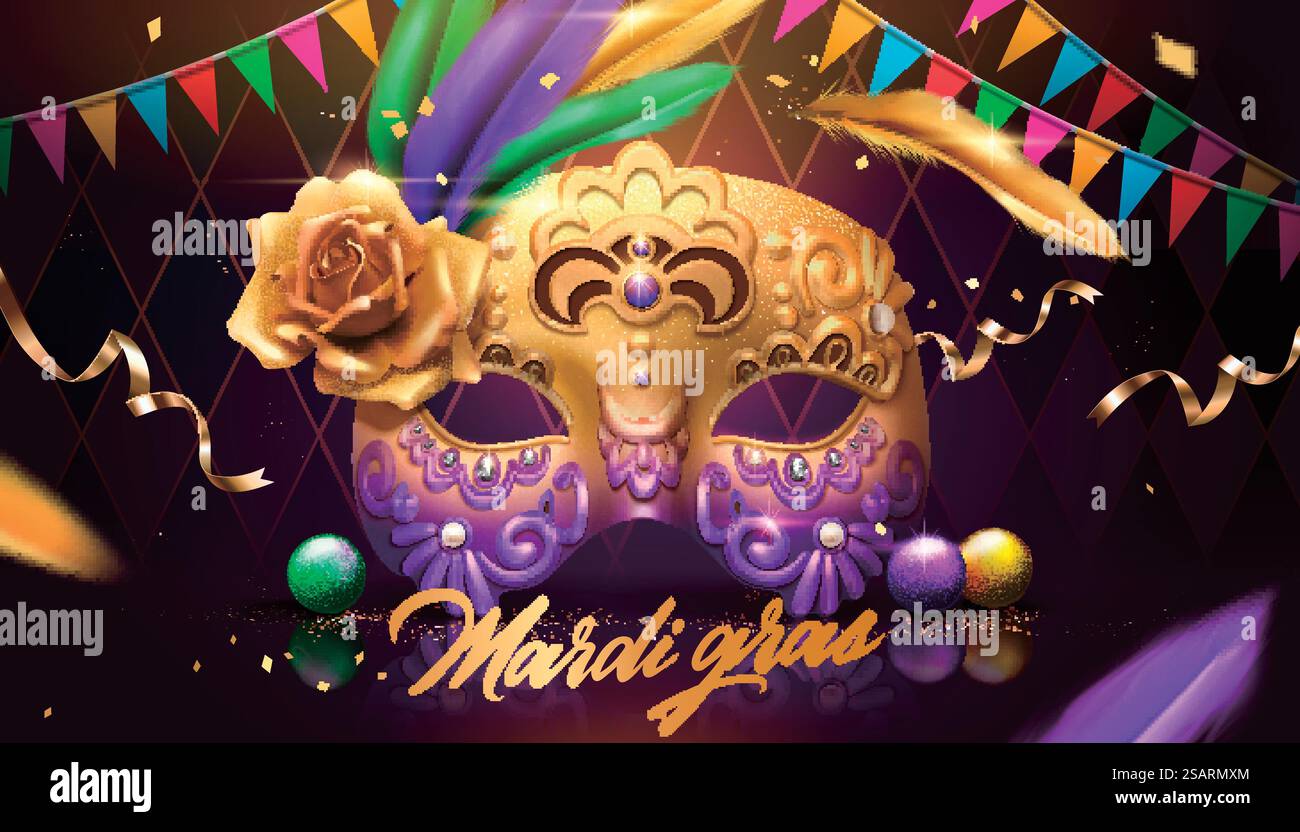 Design Mardi gras con maschera dorata, bandiere colorate e decorazioni in piume su sfondo rombo viola, illustrazione 3d. Design del Mardi gras Illustrazione Vettoriale