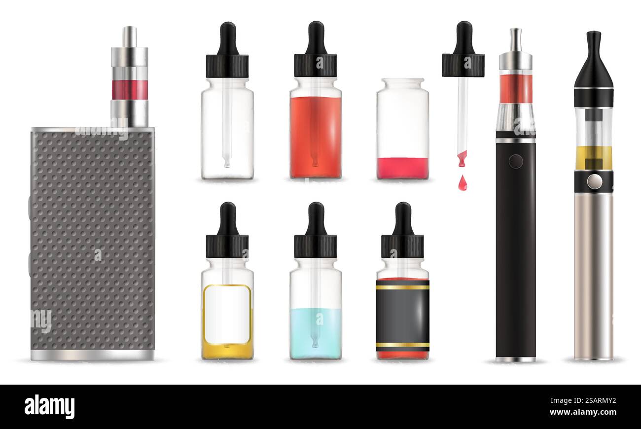 Set di icone di fumosità alternative vape e bottiglia e-liquid, illustrazione vettoriale isolata su sfondo bianco. Dispositivi elettronici per fumatori. Vaper, vaporizzare sigarette e liquidi... Set di icone per flaconi di liquido e vaporizzatore, illustrazione con isolamento vettoriale Illustrazione Vettoriale