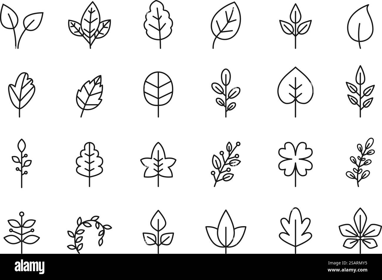 Icona lamelle linea. Foglia vegana, crescita vegetale ecologica e set di simboli vettoriali biologici freschi. Fogliame naturale isolato da alberi diversi come acero, betulla e quercia. Elementi a base di erbe minimi. Icona lamelle linea. Foglia vegana, crescita vegetale ecologica e set di simboli vettoriali biologici freschi Illustrazione Vettoriale