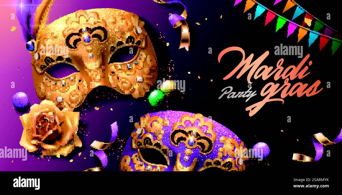 Vista dall'alto del carnevale del mardi Gras con maschere dorate e bandiere colorate in illustrazione 3d. Design striscioni Mardi gras Illustrazione Vettoriale