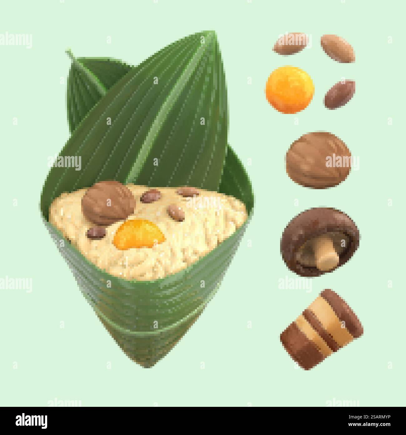 Elementi isolati in 3D di Zongzi Stuffing per il Duanwu Festival. Gli ingredienti includono arachidi, tuorlo d'uovo salato, castagne, shiitake, pancetta di maiale, e un gnocco di riso non confezionato. Elementi 3D degli ingredienti Zongzi Illustrazione Vettoriale