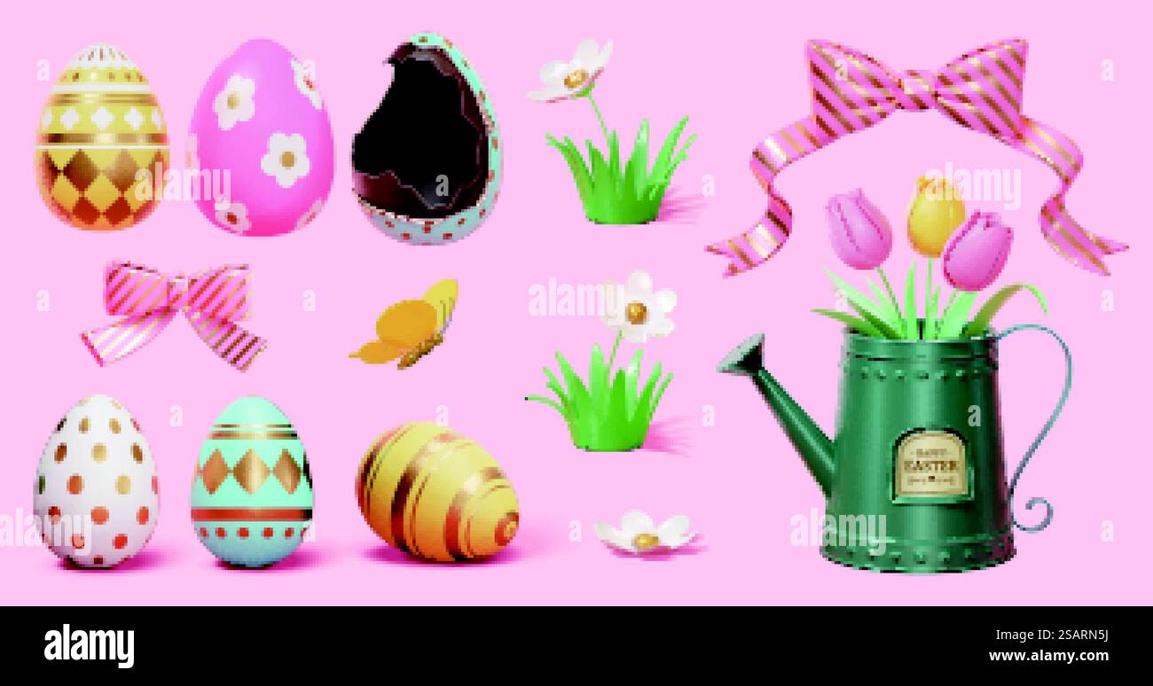 Elementi decorativi 3d per le vacanze di primavera o Pasqua isolati su sfondo rosa. Adatto per attività promozionali o icone di siti Web. Elementi decorativi 3d primaverili Illustrazione Vettoriale