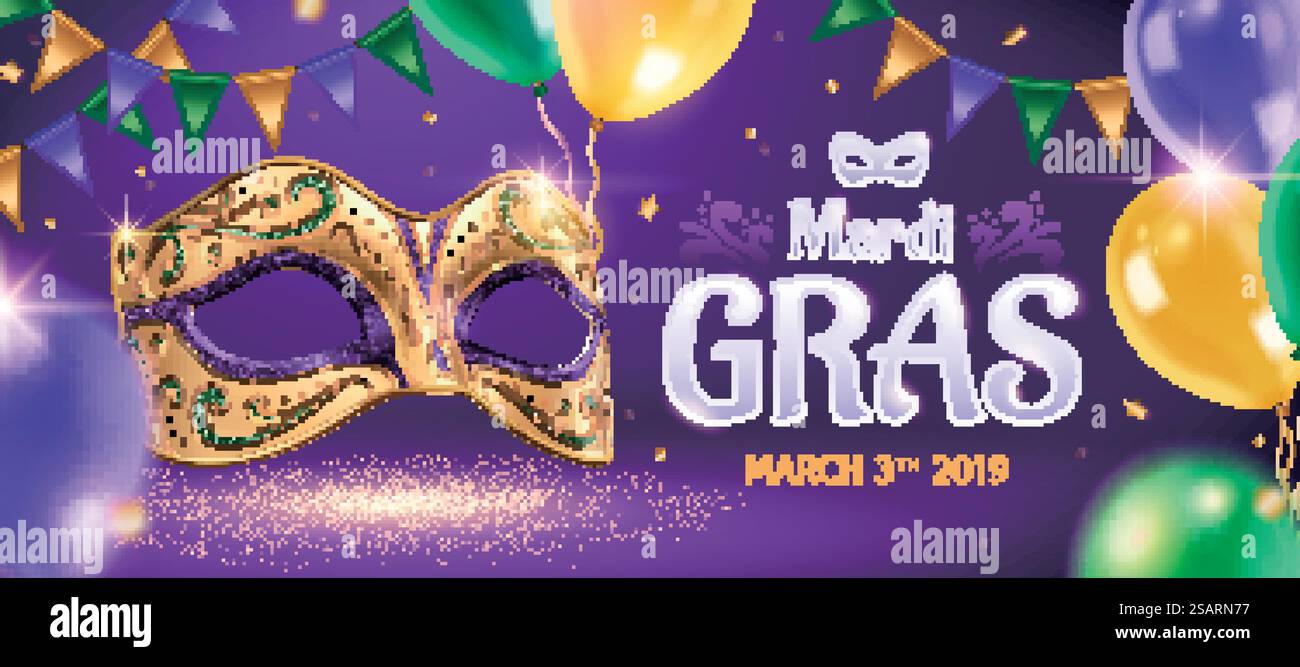 Banner del Mardi gras con maschera dorata e palloncini in illustrazione 3d, sfondo della festa. Striscione del Mardi gras Illustrazione Vettoriale
