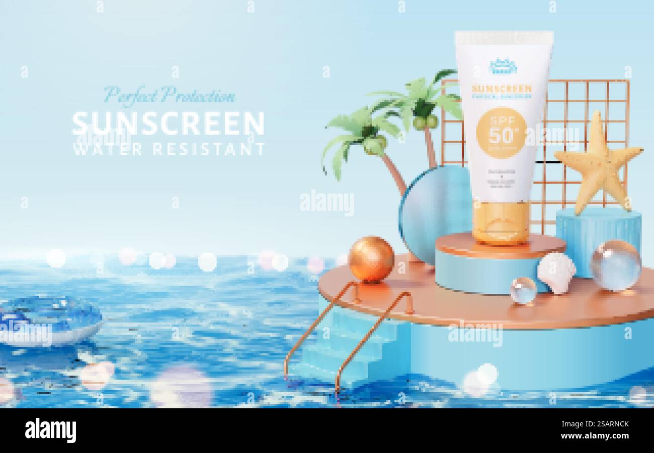 tubi 3d visualizzati su un podio rotondo al centro del mare. Design a tema isola tropicale per prodotti ecologici e sicuri per l'oceano. podio dell'isola 3d per la crema solare Illustrazione Vettoriale