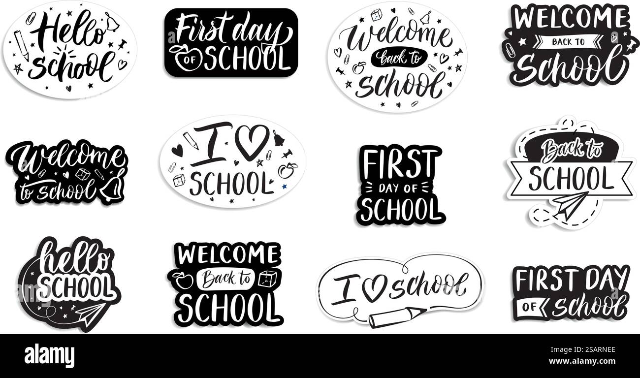 Tornate agli emblemi della scuola. Benvenuto scritto a mano a scuola, primo giorno e amo le etichette. Set vettoriale frasi calligrafiche. Scritte disegnate a mano con adesivi in bianco e nero per l'apprendimento. Tornate agli emblemi della scuola. Benvenuto scritto a mano a scuola, primo giorno e amo le etichette. Set vettoriale frasi calligrafiche Illustrazione Vettoriale