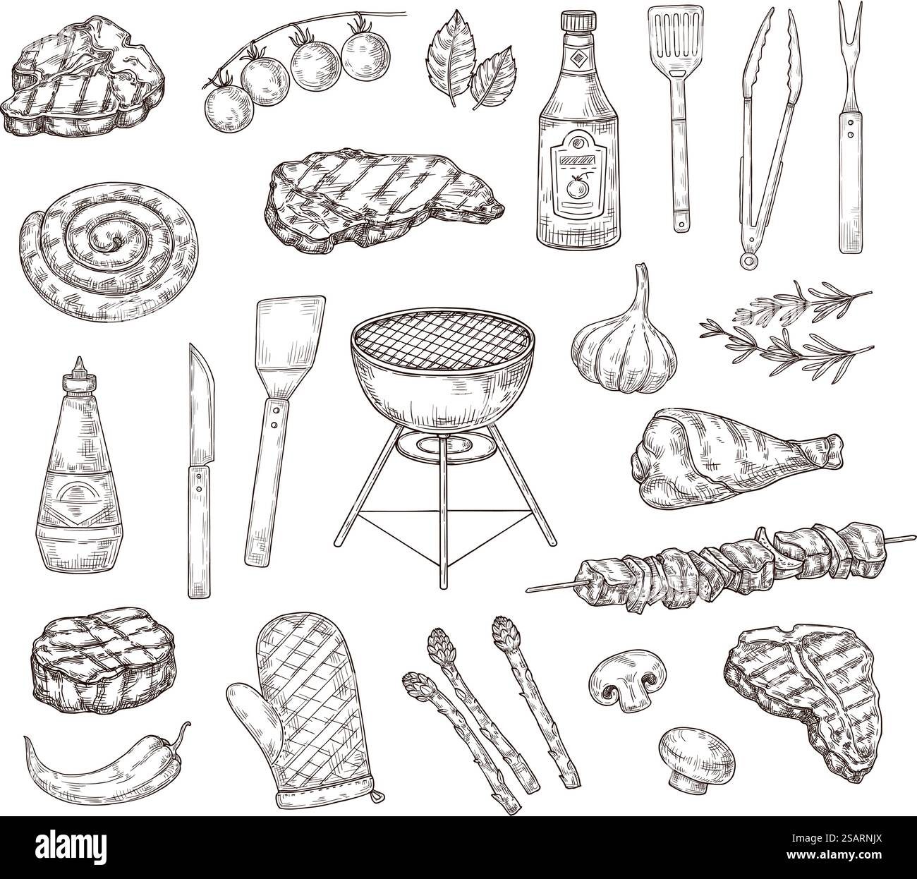 Disegnare il cibo alla griglia. Utensili per barbecue, salse e carne. Set di illustrazioni vettoriali per barbecue con incisione a mano e barbecue. Disegnare il cibo alla griglia. Utensili per barbecue, salse e carne. Set di illustrazioni vettoriali di elementi barbecue per incisione disegnati a mano Illustrazione Vettoriale
