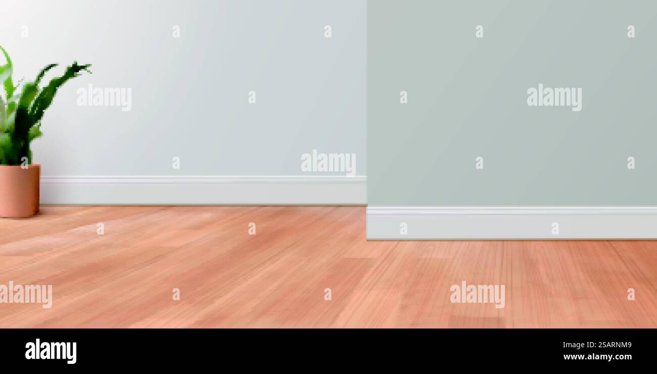 Sfondo della stanza vuota con pavimento in parquet e pareti grigie nell'illustrazione 3D. Adatto per i layout degli annunci. Sfondo della camera con pavimenti in parquet Illustrazione Vettoriale