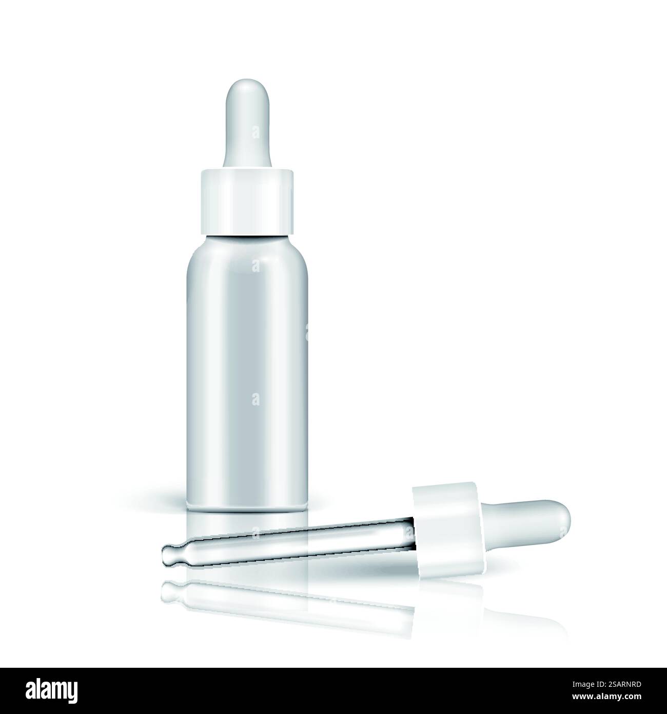Flacone in vetro di olio essenziale, illustrazione 3D realistica bottiglia contagocce in bianco perla isolata su sfondo bianco. Flacone in vetro per olio essenziale Illustrazione Vettoriale